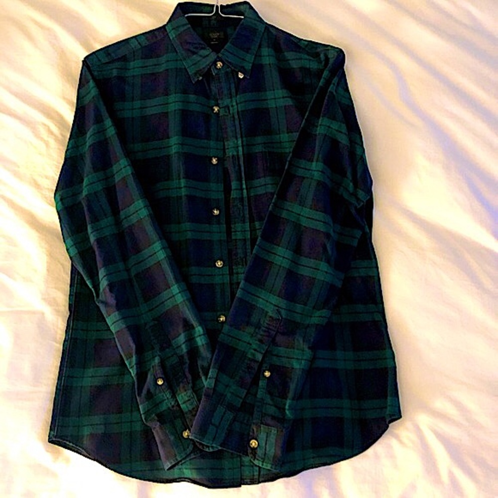 J.Crew Men’s Green/Black Plaid Oxford Long Sleeve Button Down, Slim Fit Medium